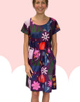 Purple Retro Pot Plant Garden 100% cotton dress with pockets (cap sleeves) (332523536414)