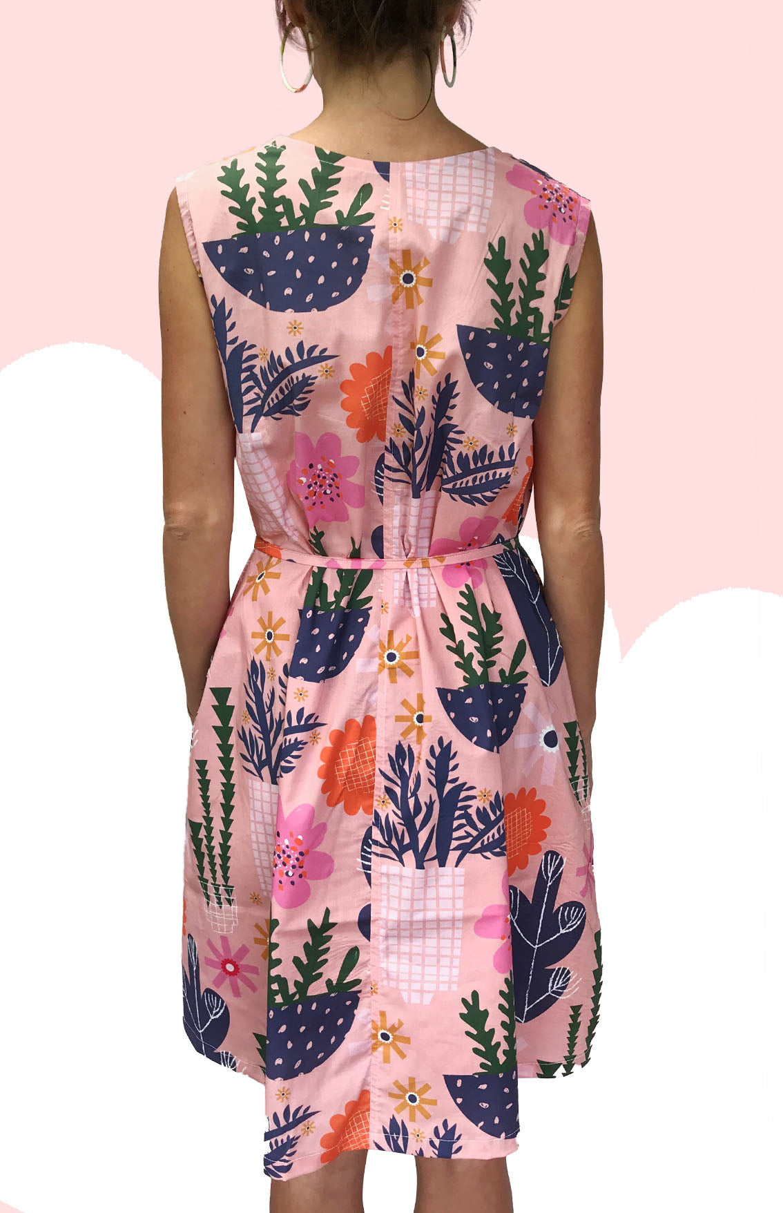 Peach Retro Pot Plant Garden 100% cotton dress with pockets (sleeveless) (334685208606)