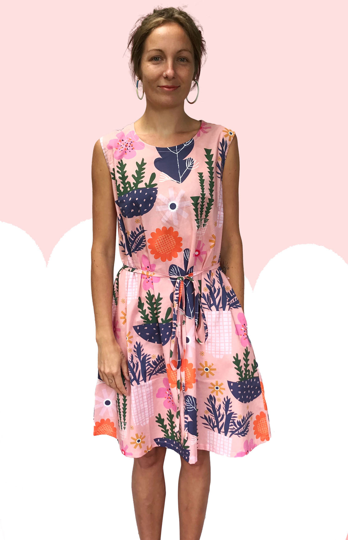 Peach Retro Pot Plant Garden 100% cotton dress with pockets (sleeveless) (334685208606)