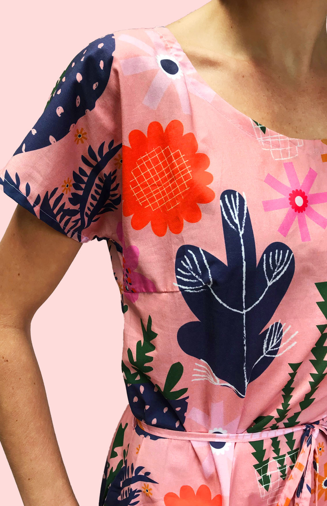 SALE Peach Retro Pot Plant Garden 100% cotton dress with pockets (cap sleeves) (332519669790)