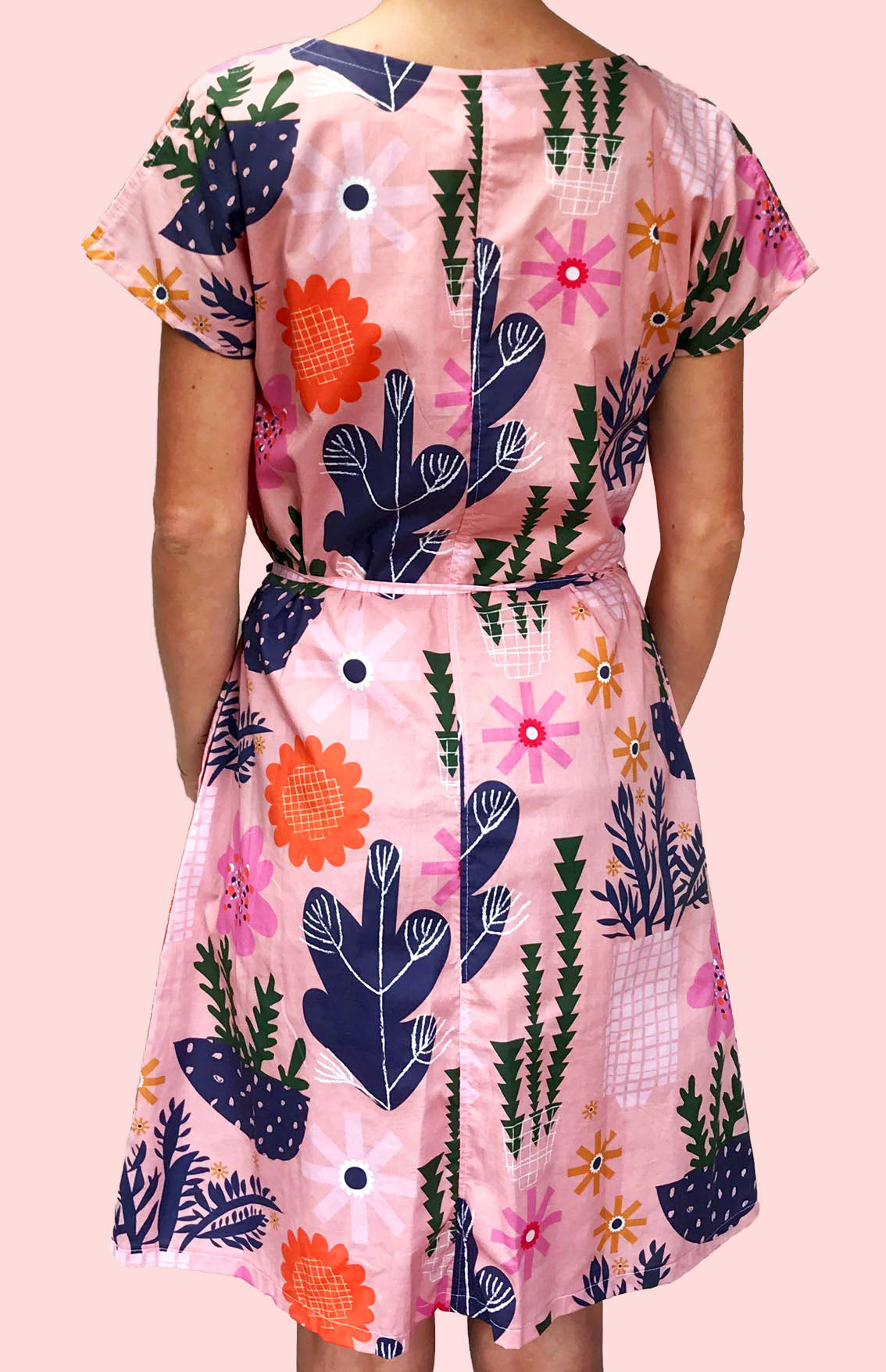 SALE Peach Retro Pot Plant Garden 100% cotton dress with pockets (cap sleeves) (332519669790)