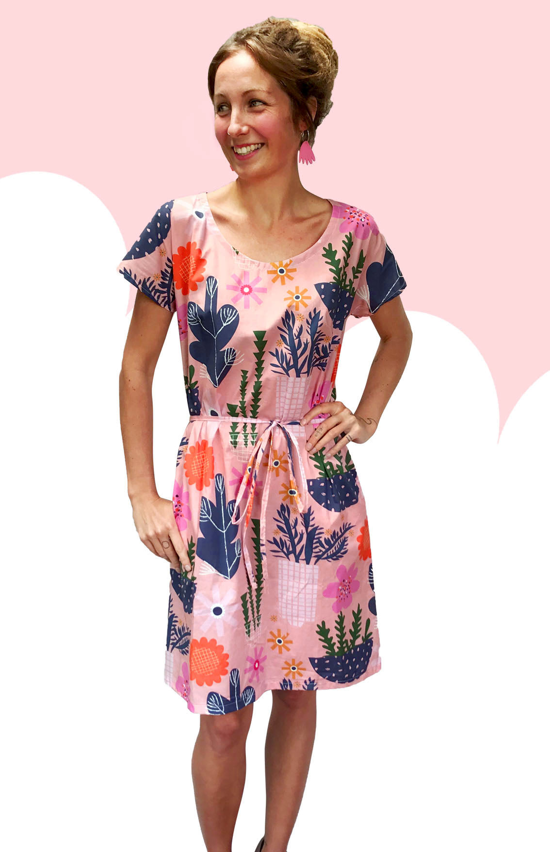 SALE Peach Retro Pot Plant Garden 100% cotton dress with pockets (cap sleeves) (332519669790)