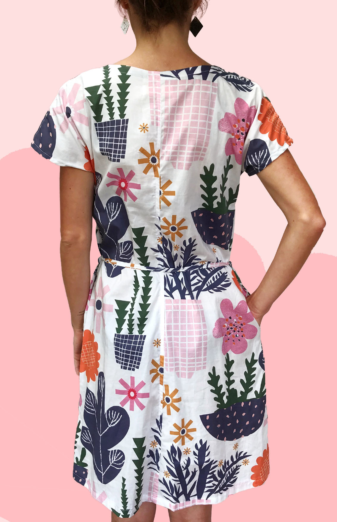 White Retro Pot Plant Garden 100% cotton dress with pockets (cap sleeves) (322976448542)