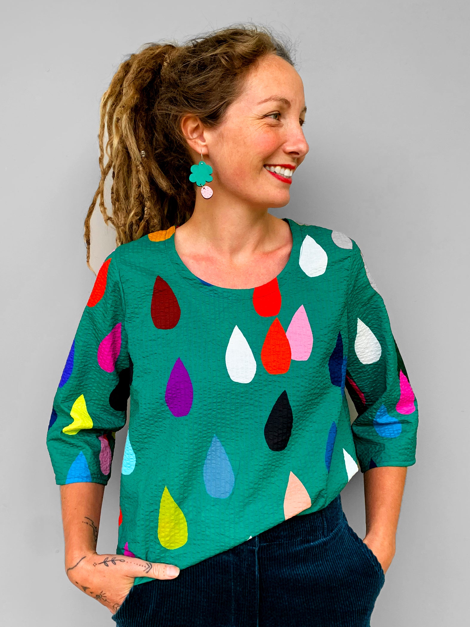 Bright Drops 100% (Teal Green) seersucker cotton top