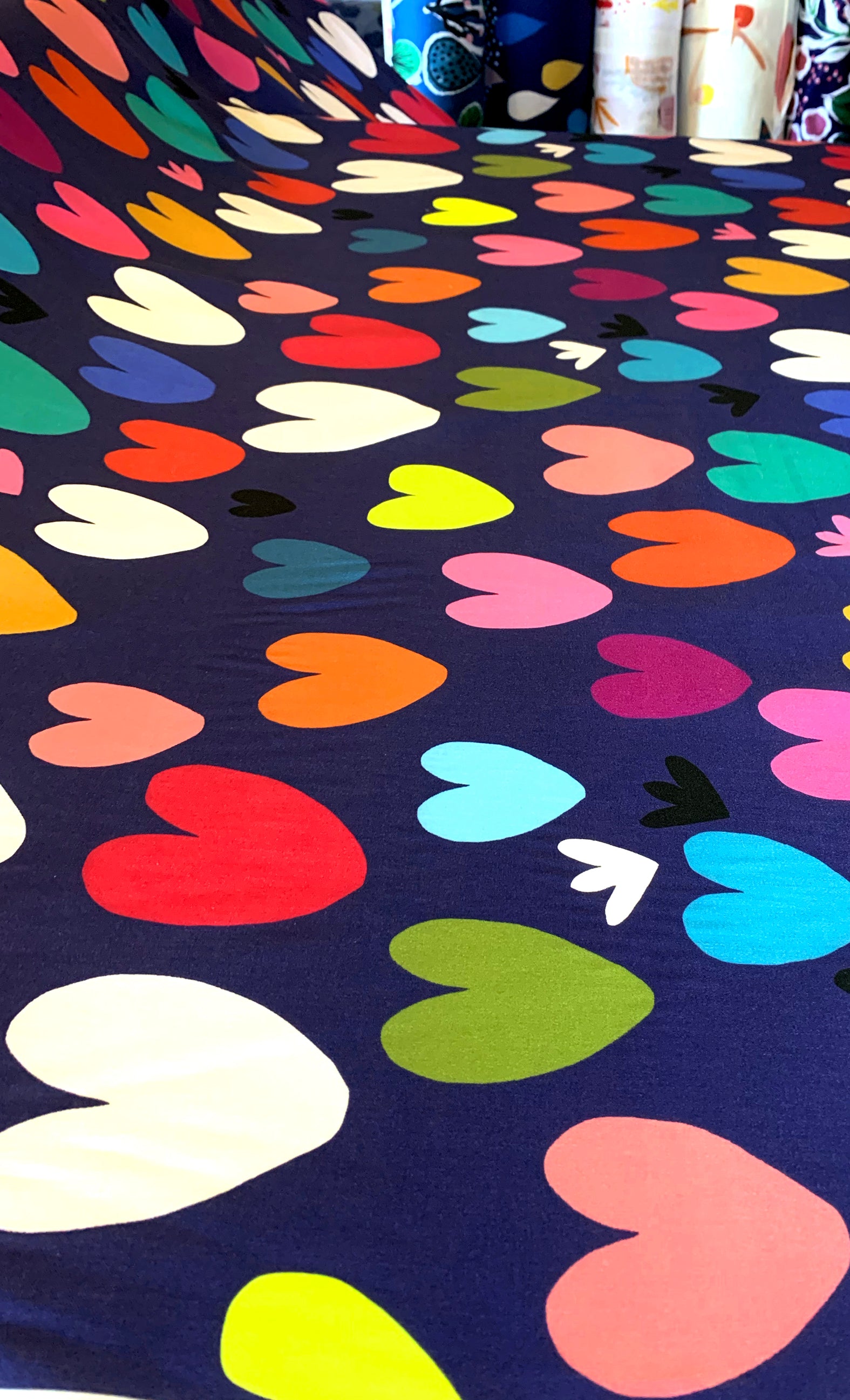Hearts (navy) 100% cotton satin per metre (4459272700000)