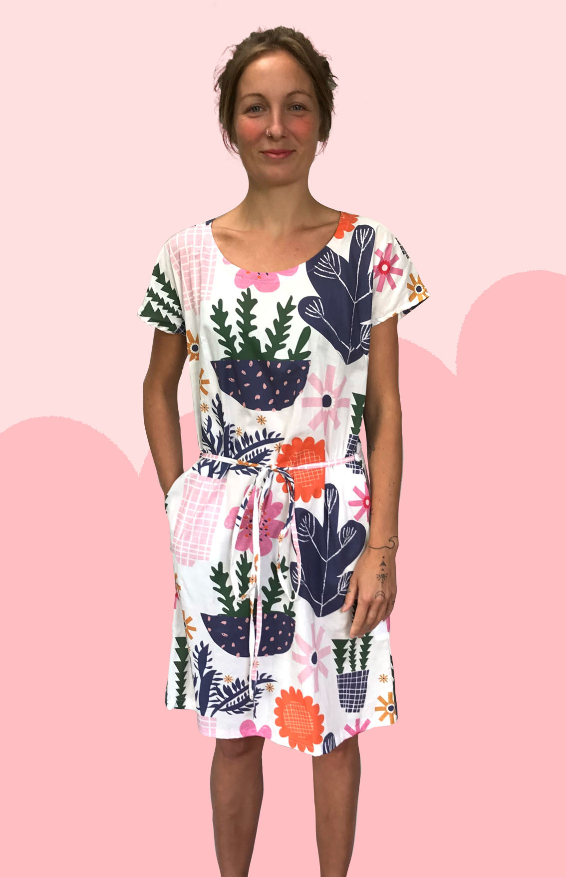 White Retro Pot Plant Garden 100% cotton dress with pockets (cap sleeves) (322976448542)