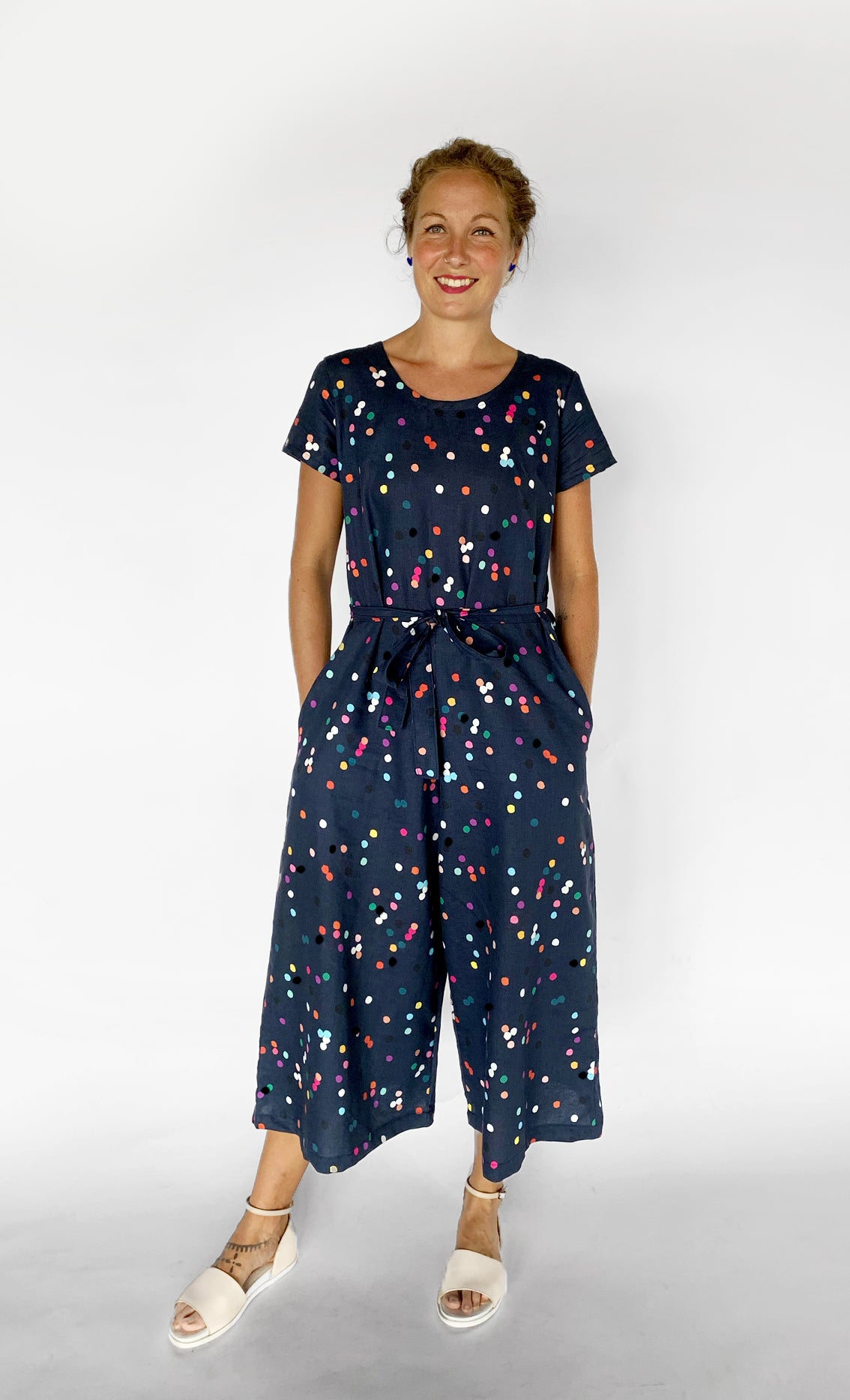 Confetti 100% linen jumpsuit (navy) with tie & option on sleeve (1918232395872)