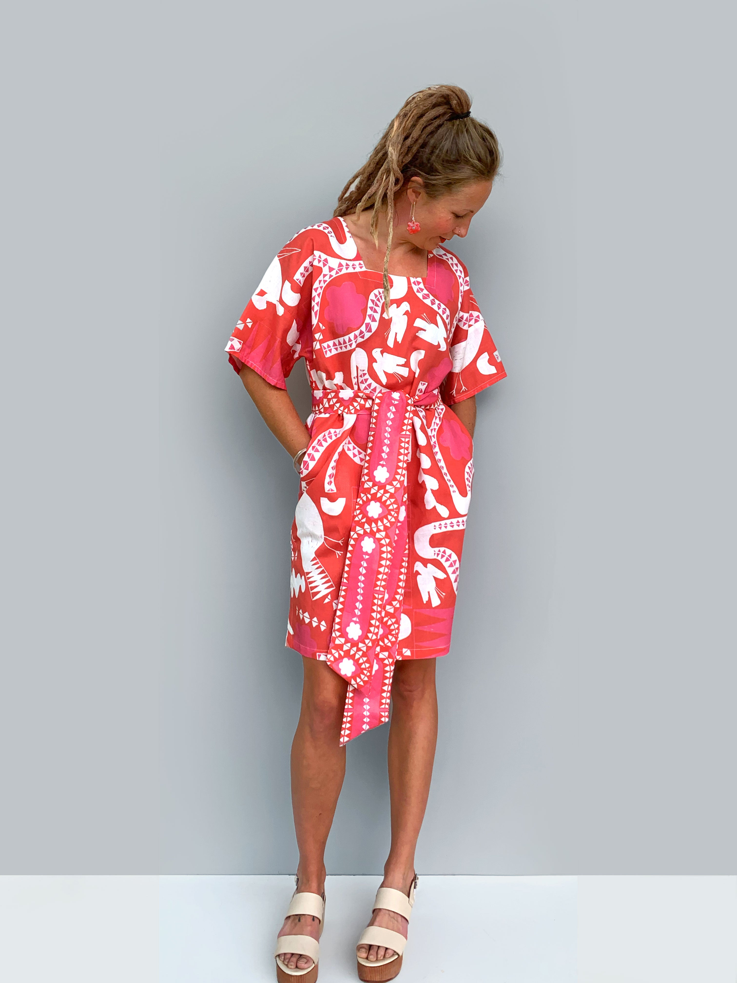 Red Kooki linen dress with tie (5815474782361)